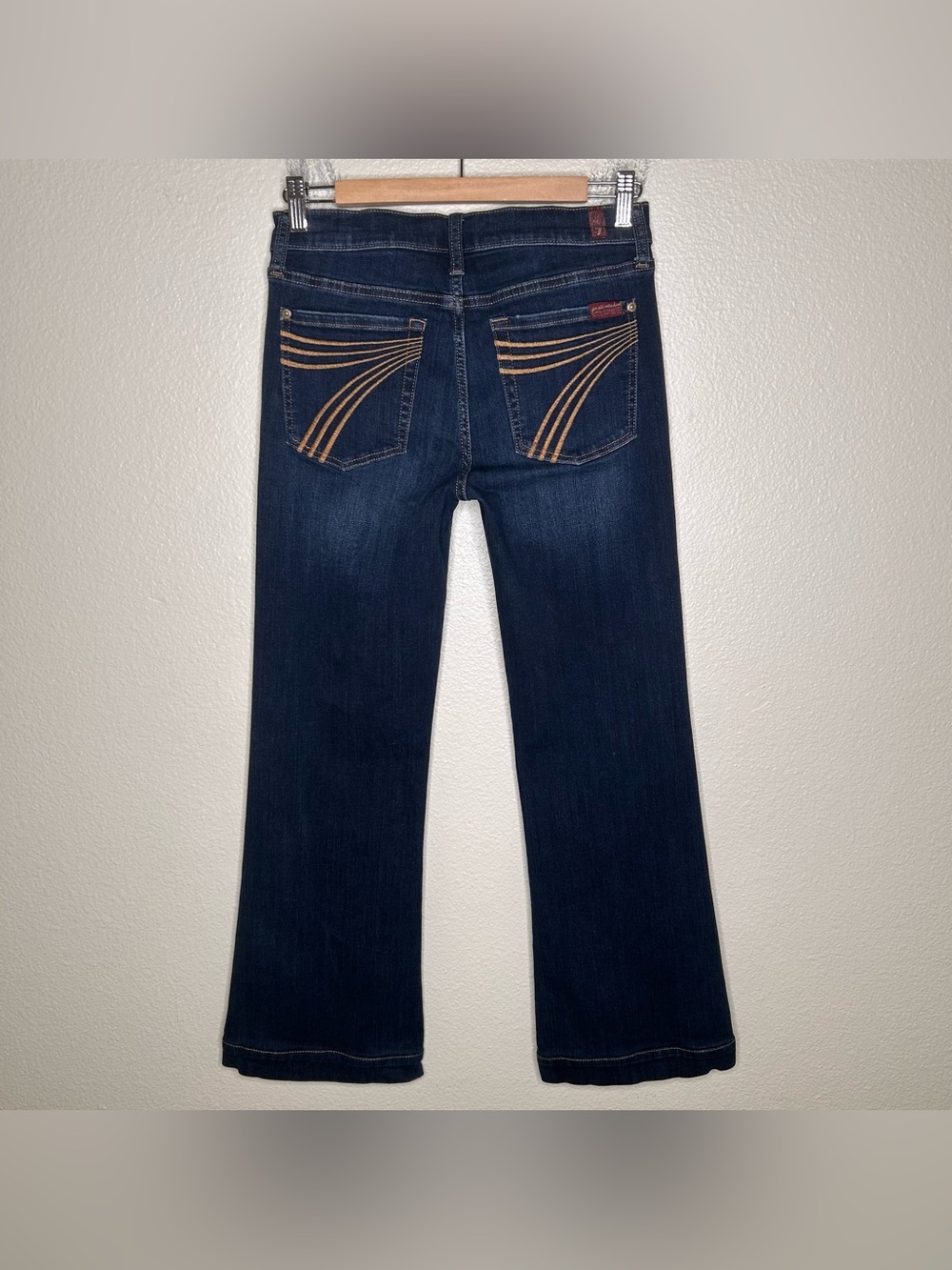 7 For All Mankind Dark Blue Denim Jeans with Tan Stitching